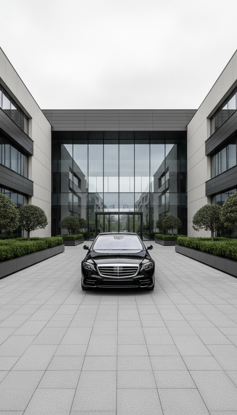 A jet-black Mercedes S-Class sedan, featuring high-gloss paint, chrome accents, and elegantly sculpted lines, is parked symmetrically within a vast, pristine stone-paved entrance to an ultra-modern corporate building. The environment is defined by clean architectural planes, large glass facades, and minimalist landscaped greenery. Subtle overcast daylight is evenly diffused, highlighting the car’s sharp contours and reflective surfaces while casting soft, understated shadows. The mood is professional and sophisticated, exuding exclusivity and timeless luxury. The composition employs a slightly elevated angle with the car centered in frame, ensuring balance and precision, with all architectural elements aligning seamlessly. The photographic style is ultra-clean, neutral-toned, and modern, seamlessly supporting the brand’s dedication to perfection and upper-echelon executive transport.