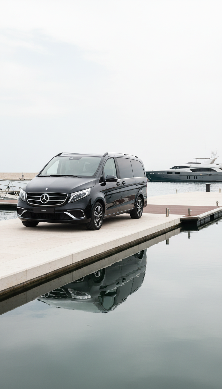 A sleek, panoramic black Mercedes V-Class van with brushed aluminum trim is parked on a manicured waterfront drive adjacent to a minimalistic, architect-designed yacht dock. The vehicle’s polished exterior mirrors the calm water and crisp, pale stone pathway. Overhead, diffused midday sunlight ensures neutral, even illumination, minimizing glare and bringing out the subtle texture of the van’s bodywork. The scene radiates calm efficiency and modern prestige, suggesting effortless transfer between land and sea. Captured from an eye-level, slightly off-center composition with leading lines drawing the viewer’s gaze toward the symmetric van and the distant luxury yacht silhouette, the photographic approach maintains clean lines, balanced neutral tones, and a disciplined, corporate style—perfect for showcasing executive group travel.