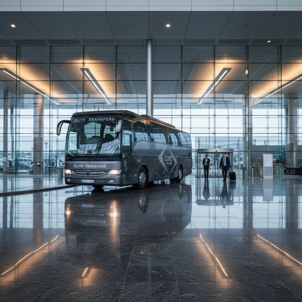 A luxurious Travego coach finished in deep charcoal metallic with subtle silver branding is stationed at a spacious, glass-walled airport terminal entrance. The coach’s refined, aerodynamic form is reflected on the highly polished terminal floor, with symmetrical glass panels and sleek metal supports in the backdrop. Ambient interior lighting from the terminal and soft exterior daylight produces a harmonious, cool illumination with gentle reflections and non-intrusive shadows. The ambiance is composed, professional, and quietly dynamic, resonating with organized group transport for elite clientele. The image is shot with a wide, frontal angle, ensuring sharp detail throughout, and balanced using the rule of thirds to create a corporate aesthetic that evokes trust and high standards.