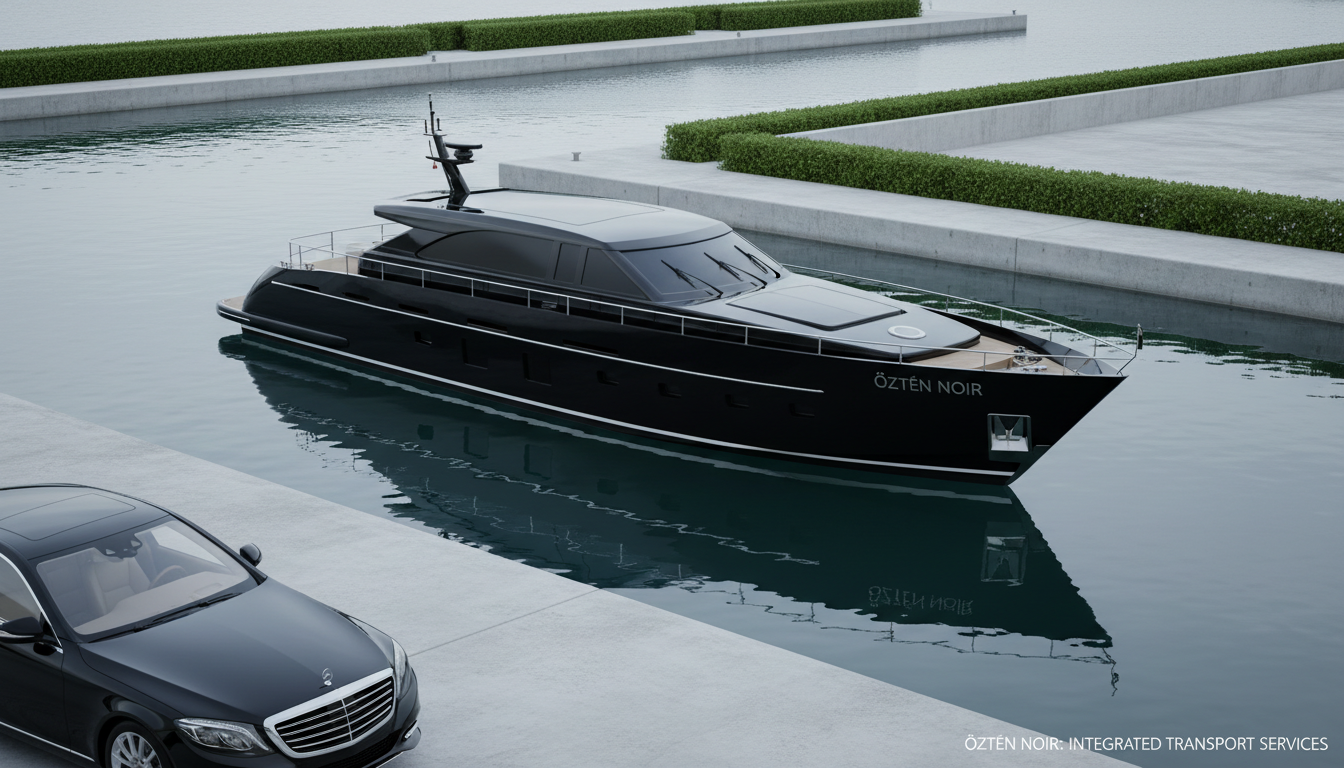 A minimalist, high-end private yacht with a smooth, reflective black hull and brushed chrome rails floats at anchor in a perfectly calm, crystalline harbor. In the near foreground, the glossy deck of a Mercedes S-Class is partially visible, suggesting seamless transition between luxury modes. The harbor is edged by geometric concrete docks and trimmed hedges, all showcased under cool, overcast light that softens contrasts and enhances the yacht’s clean lines. The scene’s atmosphere is one of quiet opulence, exclusivity, and impeccable engineering. Photographed from a slightly elevated, diagonal angle, the image uses sharp focus and balanced composition, with a corporate-modern photographic style that underscores ÖZTÉN NOIR’s dedication to integrated, ultra-premium transport services.
