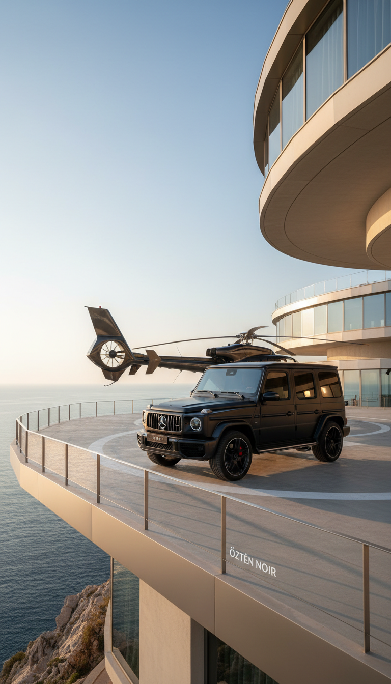 A gleaming Mercedes G-Class SUV, its matte black finish and distinctive boxy silhouette standing out, is positioned at the forefront of a private helipad overlooking a tranquil blue sea. In the background, the angular rotor and tail of a luxury helicopter are visible, both framed by sweeping contemporary architecture with steel and glass accents. Soft golden hour light washes over the scene, lending depth with gentle highlights along the vehicle’s edges and subtle shadows beneath. The mood is secure, exclusive, and quietly powerful, suggestive of high-level VIP logistics. Shot from a low-angle perspective with a wide lens to emphasize authority and presence, the image employs a balanced, structured layout with photographic realism, aligning with ÖZTÉN NOIR’s promise of seamless intermodal luxury.