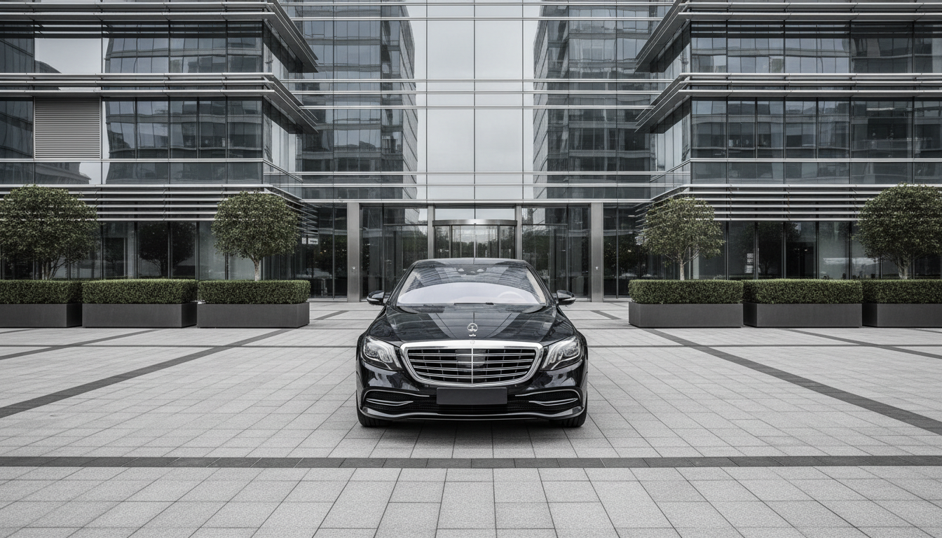 A jet-black Mercedes S-Class sedan, featuring high-gloss paint, chrome accents, and elegantly sculpted lines, is parked symmetrically within a vast, pristine stone-paved entrance to an ultra-modern corporate building. The environment is defined by clean architectural planes, large glass facades, and minimalist landscaped greenery. Subtle overcast daylight is evenly diffused, highlighting the car’s sharp contours and reflective surfaces while casting soft, understated shadows. The mood is professional and sophisticated, exuding exclusivity and timeless luxury. The composition employs a slightly elevated angle with the car centered in frame, ensuring balance and precision, with all architectural elements aligning seamlessly. The photographic style is ultra-clean, neutral-toned, and modern, seamlessly supporting the brand’s dedication to perfection and upper-echelon executive transport.