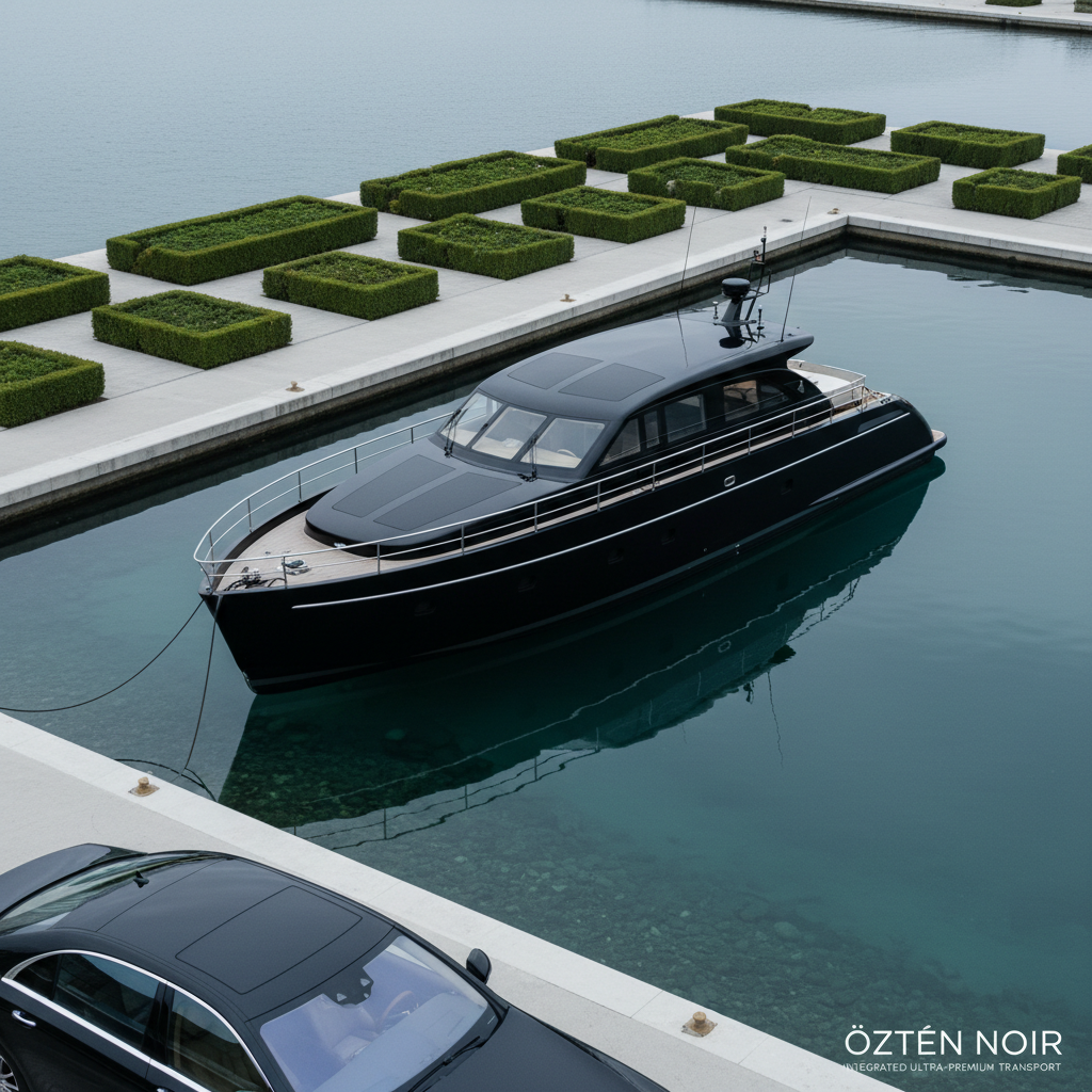 A minimalist, high-end private yacht with a smooth, reflective black hull and brushed chrome rails floats at anchor in a perfectly calm, crystalline harbor. In the near foreground, the glossy deck of a Mercedes S-Class is partially visible, suggesting seamless transition between luxury modes. The harbor is edged by geometric concrete docks and trimmed hedges, all showcased under cool, overcast light that softens contrasts and enhances the yacht’s clean lines. The scene’s atmosphere is one of quiet opulence, exclusivity, and impeccable engineering. Photographed from a slightly elevated, diagonal angle, the image uses sharp focus and balanced composition, with a corporate-modern photographic style that underscores ÖZTÉN NOIR’s dedication to integrated, ultra-premium transport services.